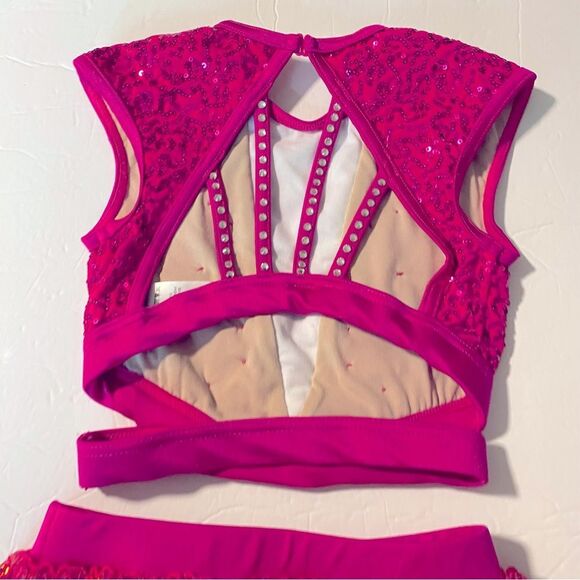 Weissman solo custom dance costume 2 piece hot pink fringe Go Get It 14590 SC 6 - Picture 7 of 15